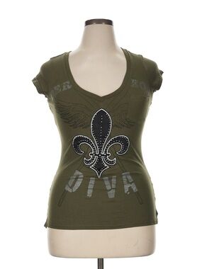 Dereon Olive Green V-Neck Tee with Fleur-de-Lis Graphic